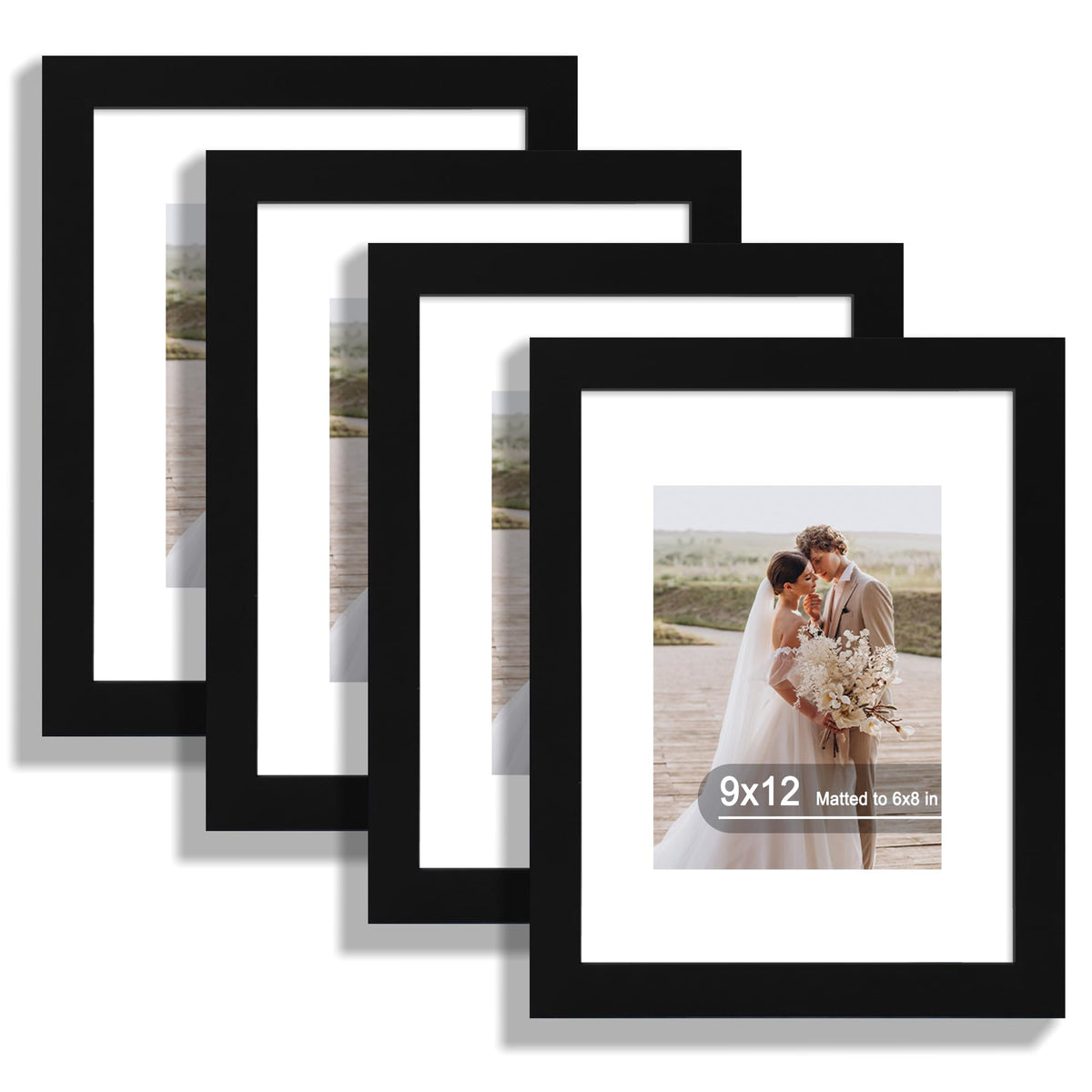 Hongkee 8x10 Picture Frame Set of 4, Real Glass and Wood Frame, 5x7 Mat