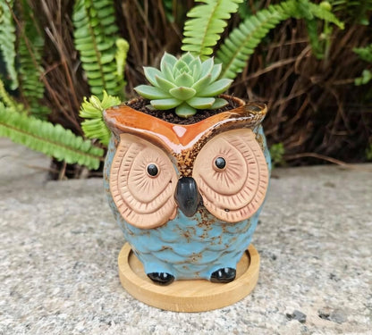 Mini 3.5 Inch Ceramic Owl Planter Pot with Drainage Hole & Bamboo Tray – Small Hand-Painted Animal Flower Pot for Succulent, Cactus, Desktop Decor, Plant Lovers Gift (No Plants/Soil)，Blue