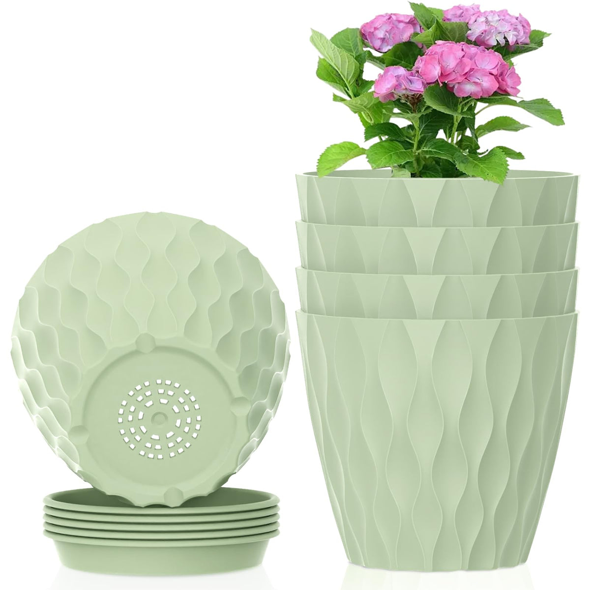 Meowell 4 inch Small Plastic Nursery Pots, 5 Pack Water Ripples Plant Pots for Indoor Plants, Flower Pots with Drainage Holes and Saucers, Seedling Starter Planters for Succulent Plants, White