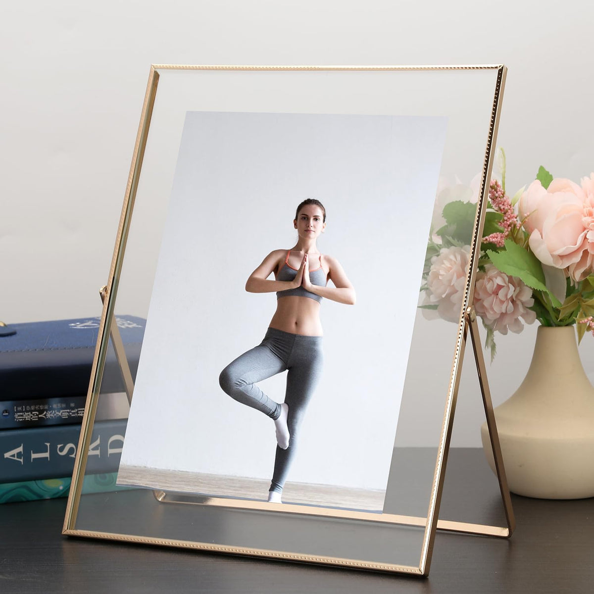Gold 8x10'' Floating Frame Set of 2,For Photo Sizes( 5x7'',6x8'',7x9''),Beautiful Metal Beaded Edge Frames Adjustable Tabletop/Shelf Photo Frame,Classy Gift Choice for Wedding