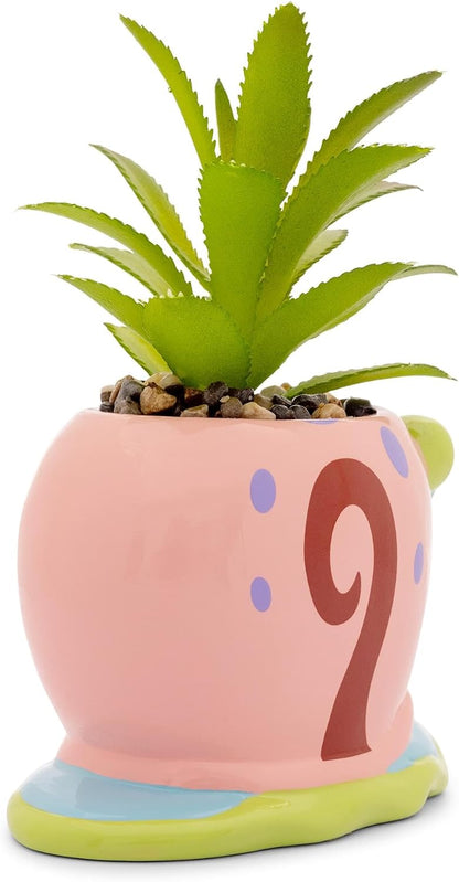 Silver Buffalo Nickelodeon Spongebob Squarepants Gary 3-Inch Sculpted Ceramic Mini Planter with Artificial Succulent, Faux Indoor Plants