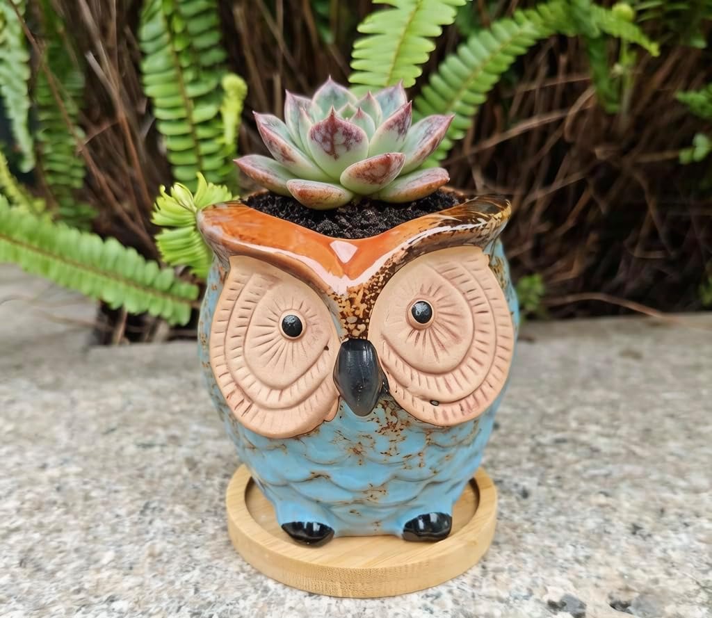 Mini 3.5 Inch Ceramic Owl Planter Pot with Drainage Hole & Bamboo Tray – Small Hand-Painted Animal Flower Pot for Succulent, Cactus, Desktop Decor, Plant Lovers Gift (No Plants/Soil)，Blue
