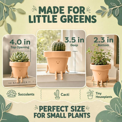 Original Earthlings Sitting Small Plant Pot, Cute Pots for Plants - 4 Inch