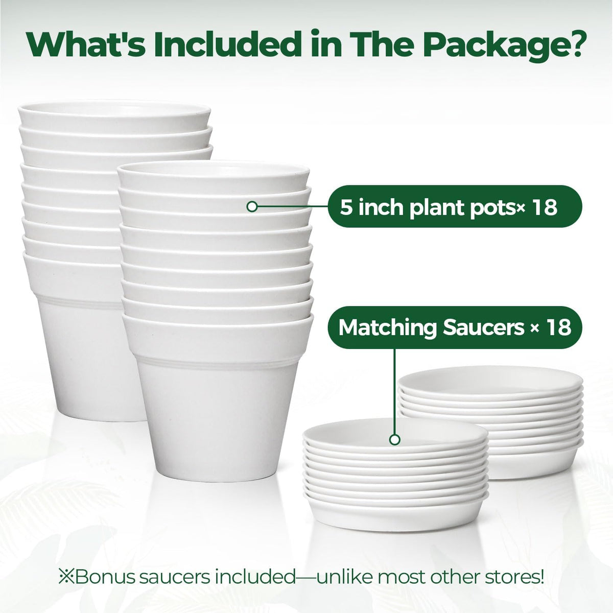 T4U Small Plant Pots 5 Inch 18 Pack, Plastic Flower Pots with Saucer White