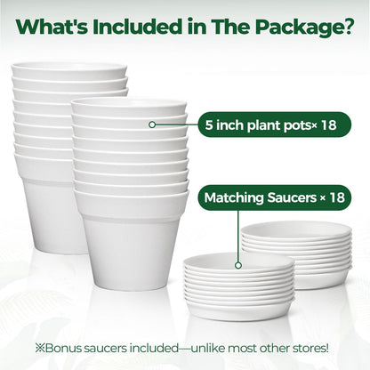 T4U Small Plant Pots 5 Inch 18 Pack, Plastic Flower Pots with Saucer White