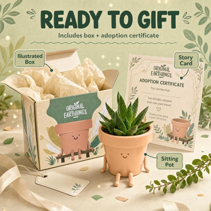 Original Earthlings Sitting Small Plant Pot, Cute Pots for Plants - 4 Inch