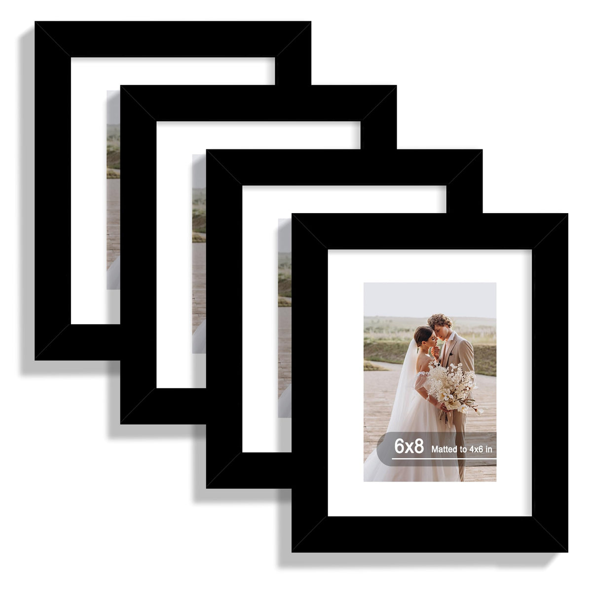 Hongkee 8x10 Picture Frame Set of 4, Real Glass and Wood Frame, 5x7 Mat