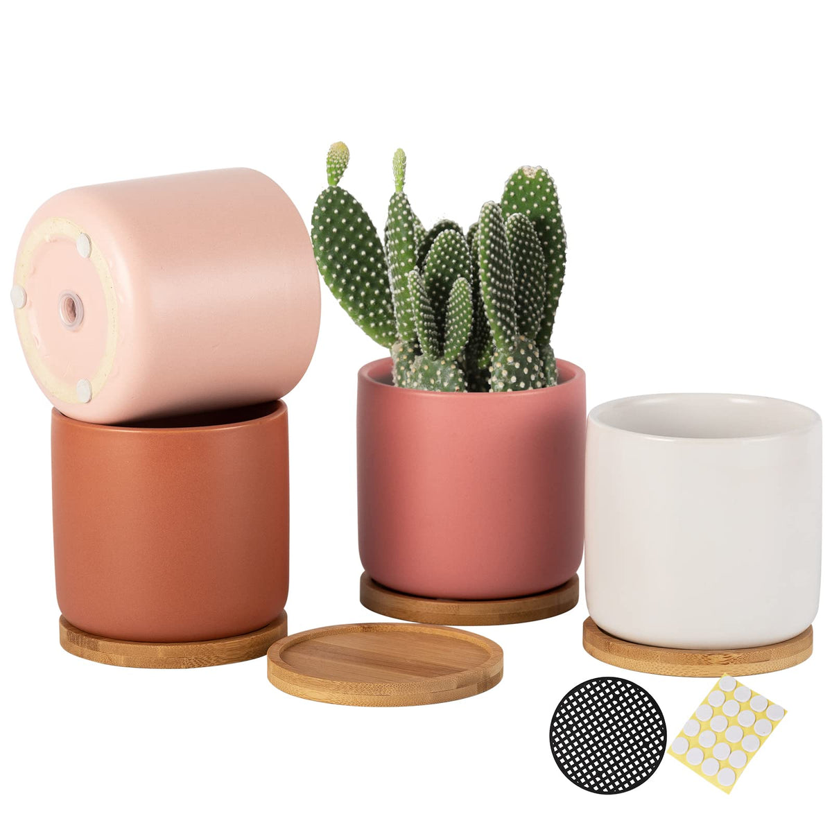 4 Inch Ceramic Plant Pot with Saucer, White Planters Pots with Drainage Hole and Mesh Pads for Succulent, Snake, Cactus, Herbs - 4 Packs(Plant Not Included)