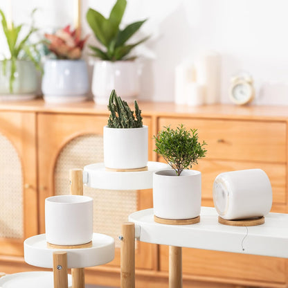 4 Inch Ceramic Plant Pot with Saucer, White Planters Pots with Drainage Hole and Mesh Pads for Succulent, Snake, Cactus, Herbs - 4 Packs(Plant Not Included)