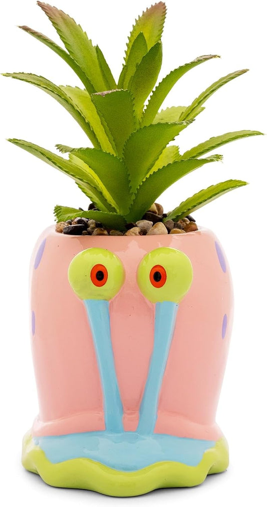 Silver Buffalo Nickelodeon Spongebob Squarepants Gary 3-Inch Sculpted Ceramic Mini Planter with Artificial Succulent, Faux Indoor Plants
