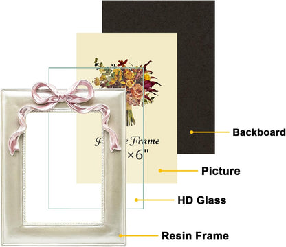 JANDERART 4x6 Pink Bow Picture Frame, Cute Photo Frame, Pearly White