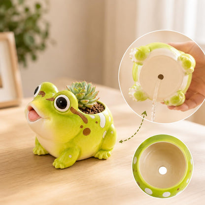 Cute Frog Succulent Planter with Drainage Hole & Plug, Mini Resin Plant Pot for Indoor Outdoor Patio Desk Decor, Funny Animal Flower Pot Gift