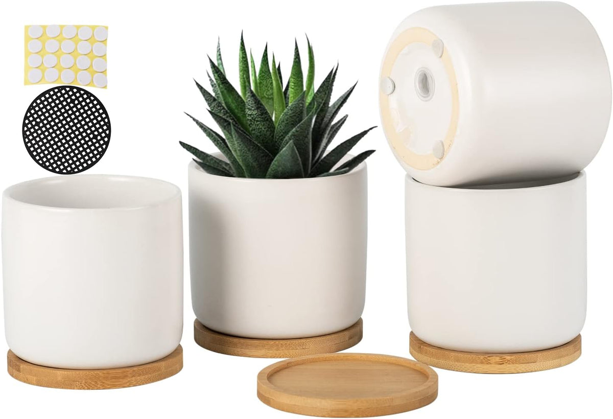 4 Inch Ceramic Plant Pot with Saucer, White Planters Pots with Drainage Hole and Mesh Pads for Succulent, Snake, Cactus, Herbs - 4 Packs(Plant Not Included)