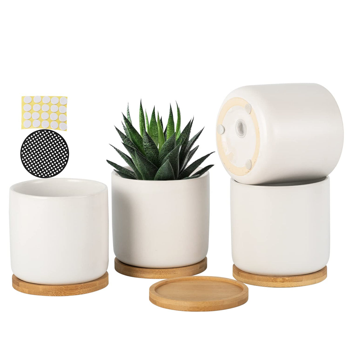4 Inch Ceramic Plant Pot with Saucer, White Planters Pots with Drainage Hole and Mesh Pads for Succulent, Snake, Cactus, Herbs - 4 Packs(Plant Not Included)