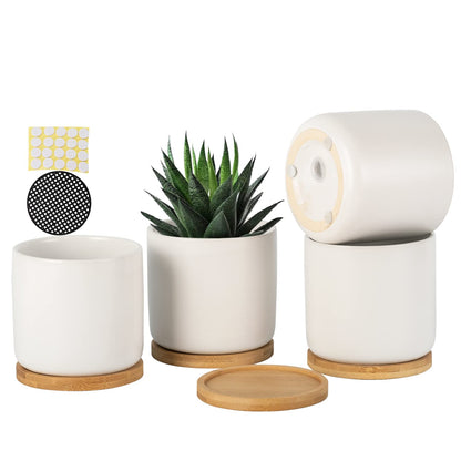 4 Inch Ceramic Plant Pot with Saucer, White Planters Pots with Drainage Hole and Mesh Pads for Succulent, Snake, Cactus, Herbs - 4 Packs(Plant Not Included)