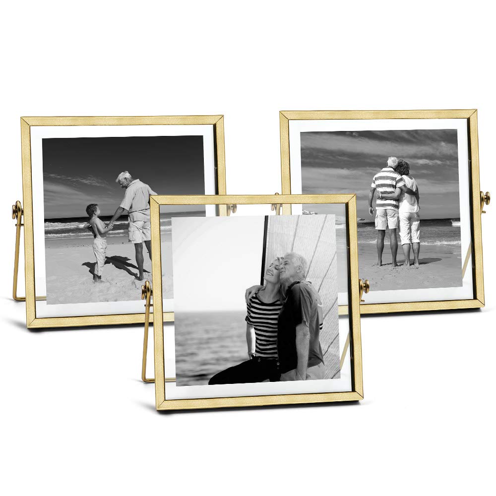 Gold Picture Frames Set of 3 — 4x4 4x6 5x7 Floating Glass Photo Frame Gift