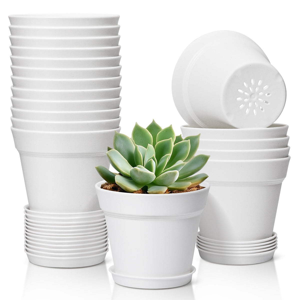 T4U Small Plant Pots 5 Inch 18 Pack, Plastic Flower Pots with Saucer White