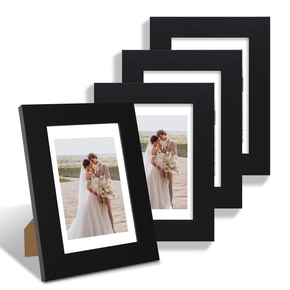 Hongkee 8x10 Picture Frame Set of 4, Real Glass and Wood Frame, 5x7 Mat