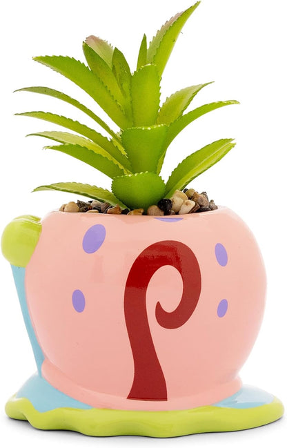 Silver Buffalo Nickelodeon Spongebob Squarepants Gary 3-Inch Sculpted Ceramic Mini Planter with Artificial Succulent, Faux Indoor Plants