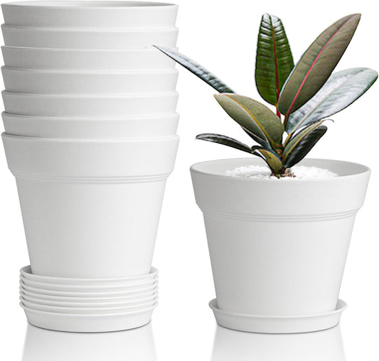 T4U Small Plant Pots 4 Inch 8 Pack, Plastic Indoor Flower Pots Saucer White