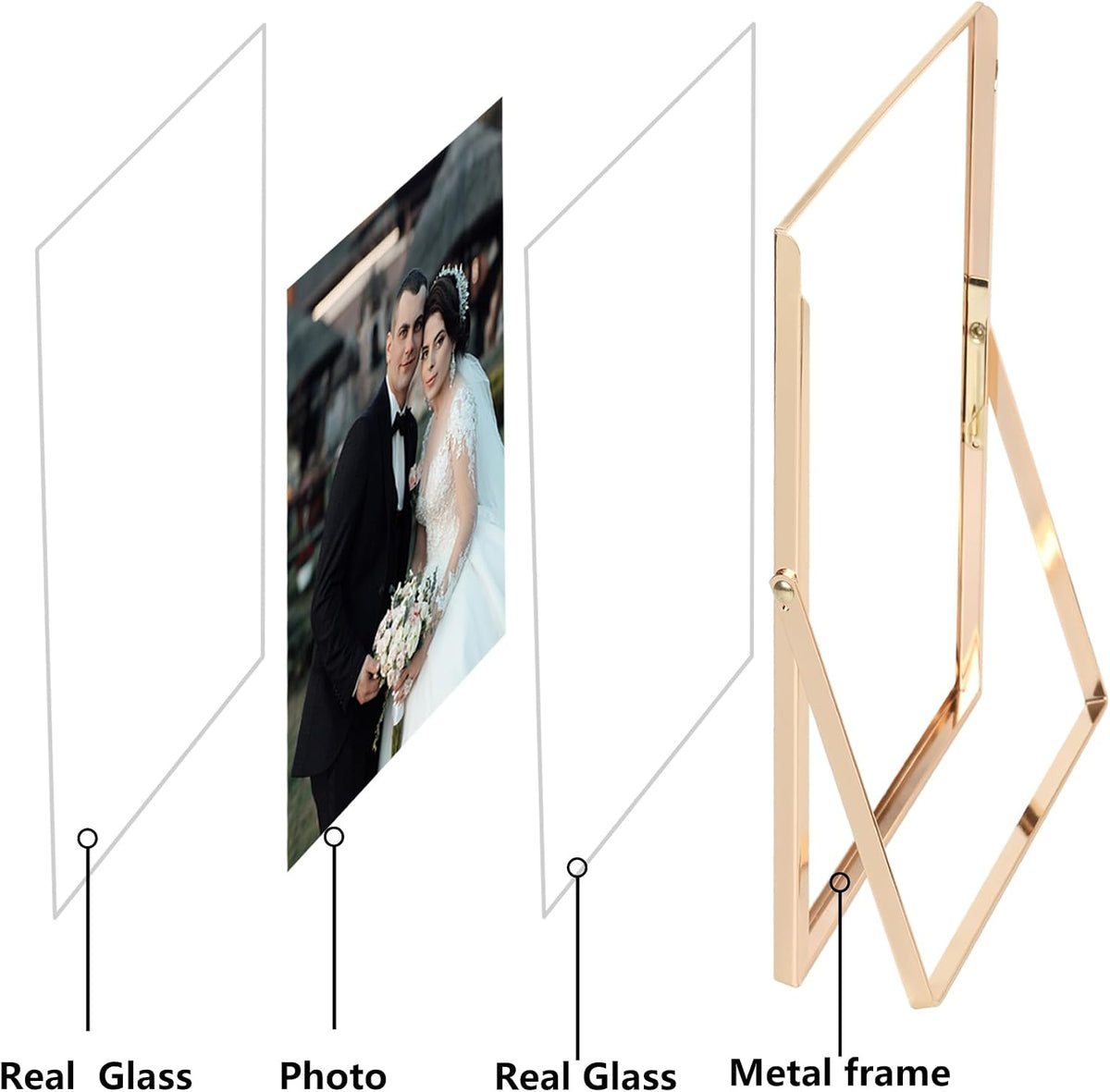 Gold 5x7'' Floating Picture Frames 2Pack,for Photo Sizes(3.5x5&4x6),Beaded Metal Edge,Adjustable Tabletop/Shelf Display for Wedding,Home & Office Decor