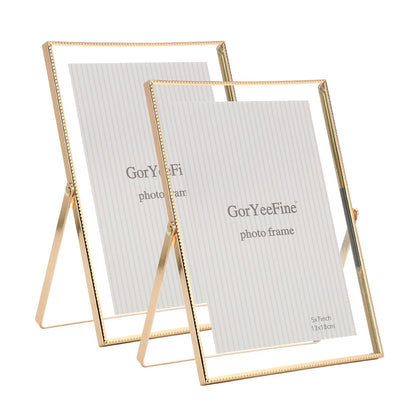 Gold 8x10'' Floating Frame Set of 2,For Photo Sizes( 5x7'',6x8'',7x9''),Beautiful Metal Beaded Edge Frames Adjustable Tabletop/Shelf Photo Frame,Classy Gift Choice for Wedding