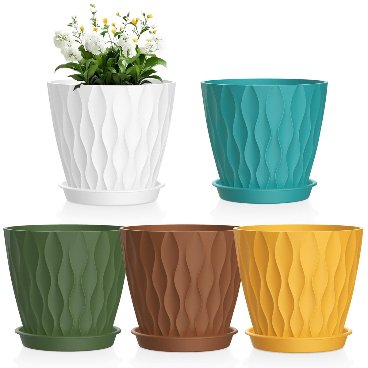 Meowell 4 inch Small Plastic Nursery Pots, 5 Pack Water Ripples Plant Pots for Indoor Plants, Flower Pots with Drainage Holes and Saucers, Seedling Starter Planters for Succulent Plants, White