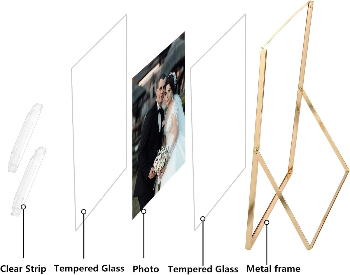 Gold 8x10'' Floating Frame Set of 2,For Photo Sizes( 5x7'',6x8'',7x9''),Beautiful Metal Beaded Edge Frames Adjustable Tabletop/Shelf Photo Frame,Classy Gift Choice for Wedding
