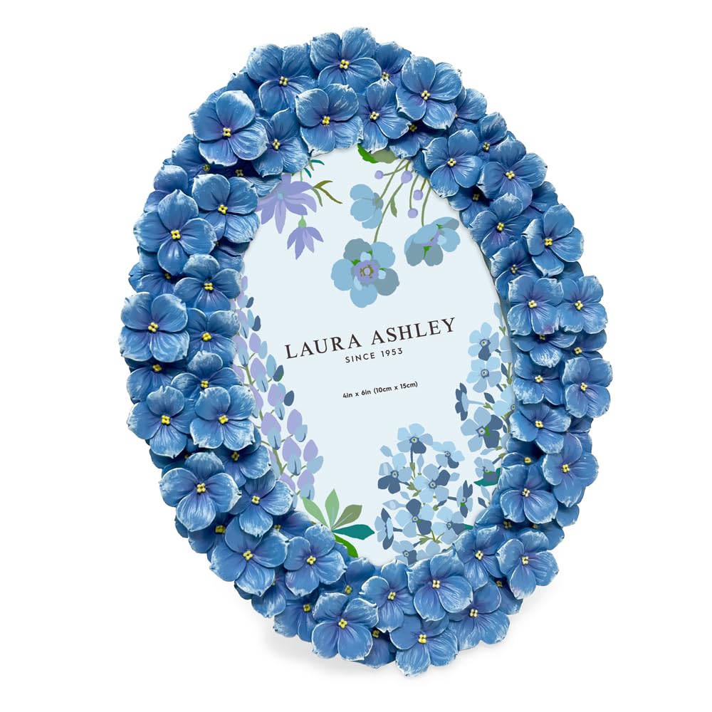 Laura Ashley 4x6 Blue Hydrangea Flower Oval Picture Frame with Easel & Hook