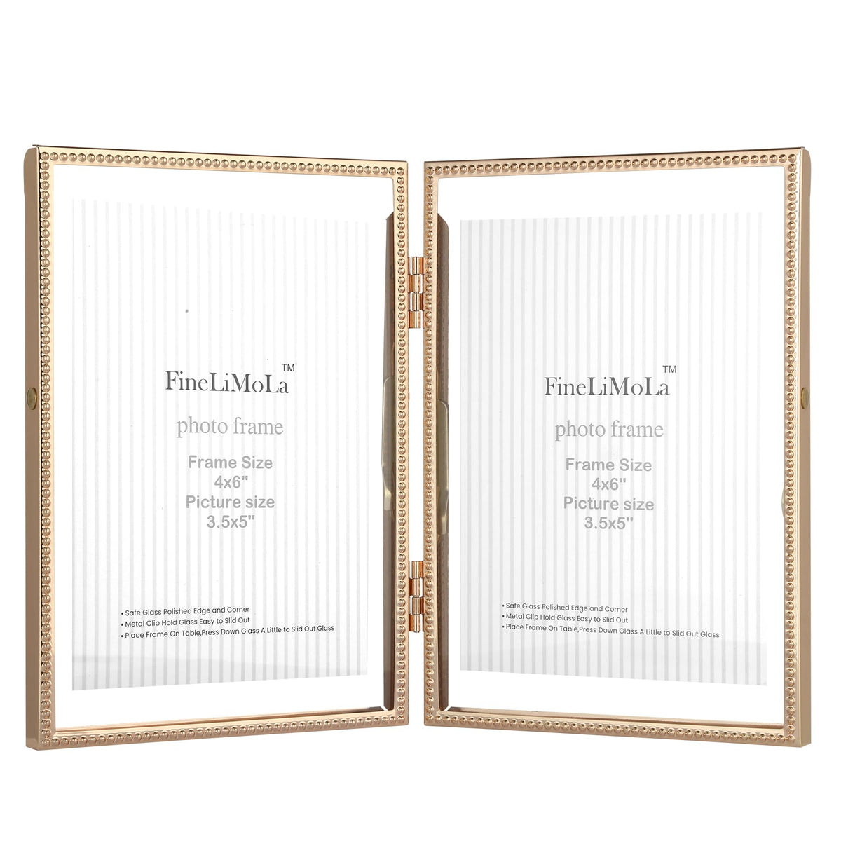Gold 5x7'' Floating Picture Frames 2Pack,for Photo Sizes(3.5x5&4x6),Beaded Metal Edge,Adjustable Tabletop/Shelf Display for Wedding,Home & Office Decor