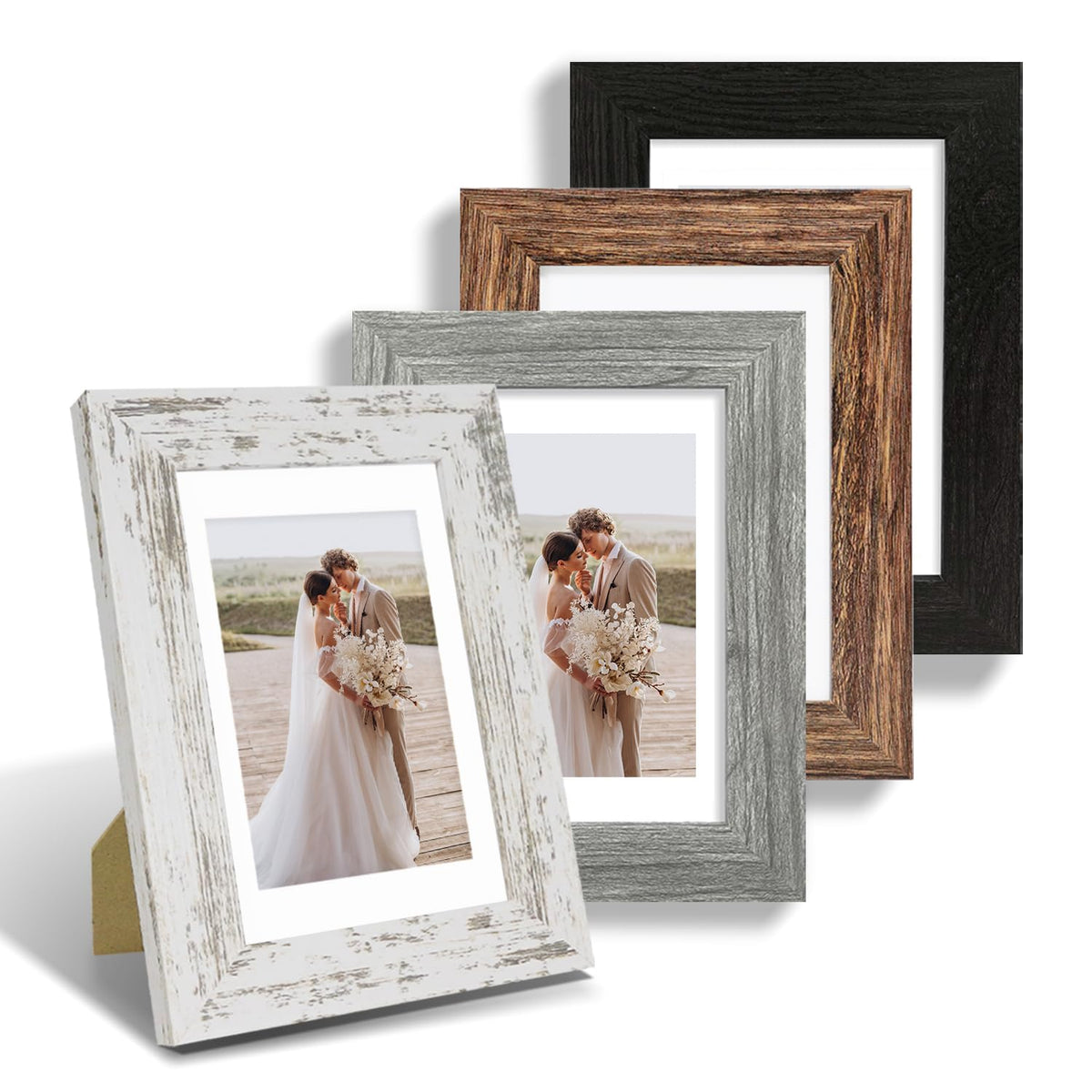 Hongkee 8x10 Picture Frame Set of 4, Real Glass and Wood Frame, 5x7 Mat