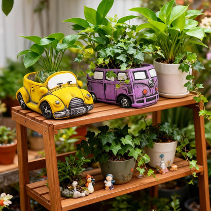 Cute Succulent Plants Pots, Small Planter Pots with Drainage Hole, Flower Pots for Home Indoor Outdoor Garden Decoration (Purple Bus)