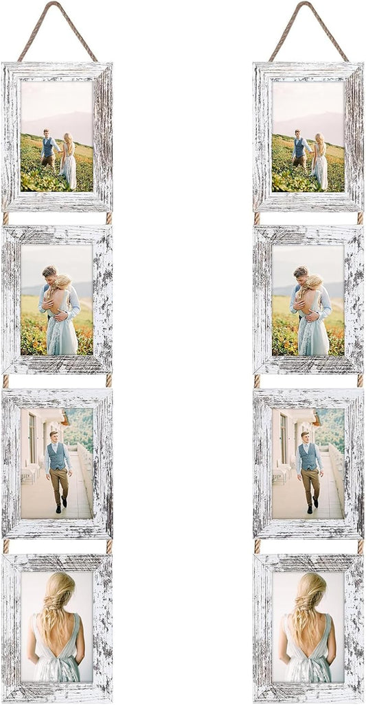 Lavezee 4x6 Hanging Collage Picture Frames Set of 2, 8 Opening Vertical Frame Made to Display 4 by 6 Inch Photo for Wall Decor, Distressed White