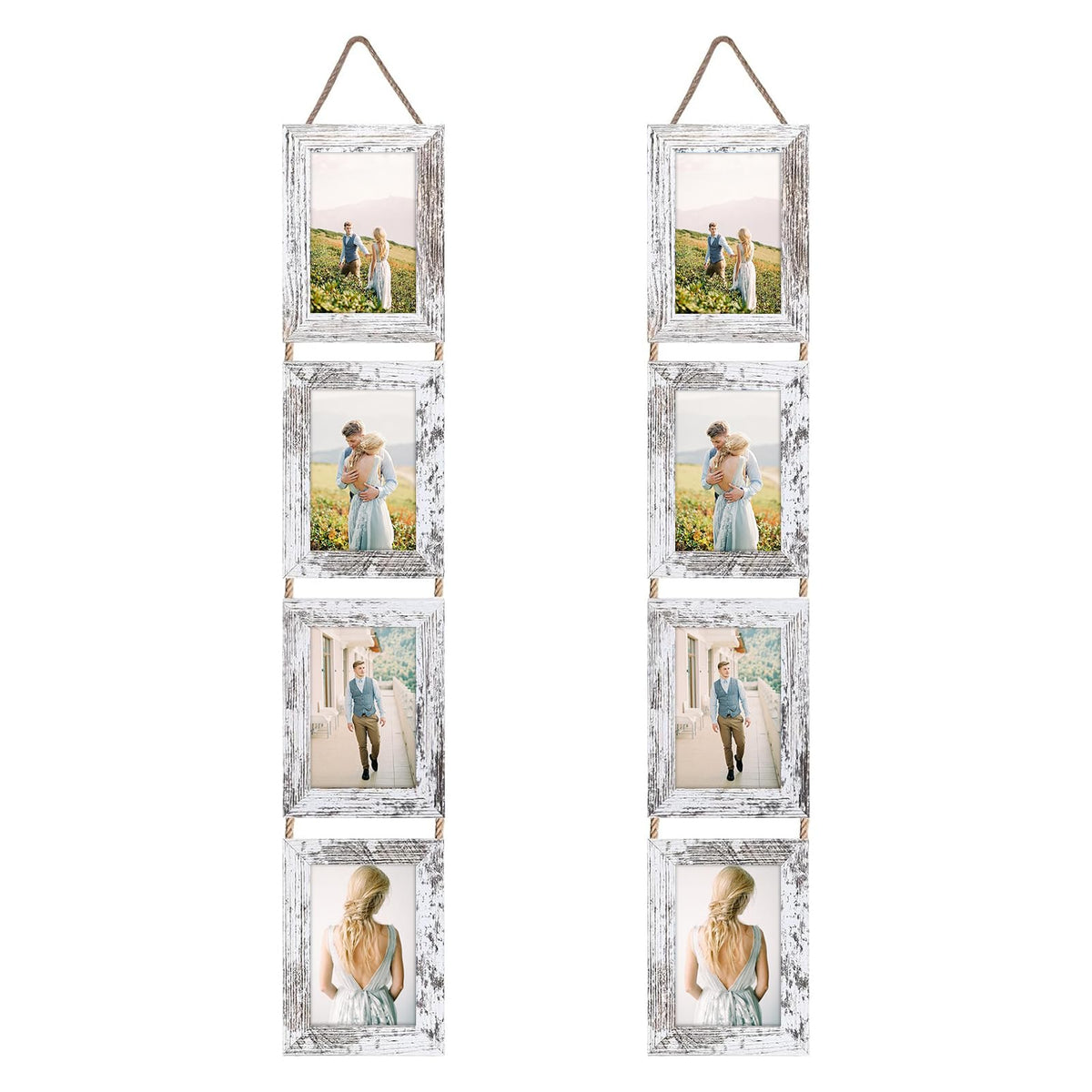 Lavezee 4x6 Hanging Collage Picture Frames Set of 2, 8 Opening Vertical Frame Made to Display 4 by 6 Inch Photo for Wall Decor, Distressed White