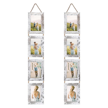 Lavezee 4x6 Hanging Collage Picture Frames Set of 2, 8 Opening Vertical Frame Made to Display 4 by 6 Inch Photo for Wall Decor, Distressed White