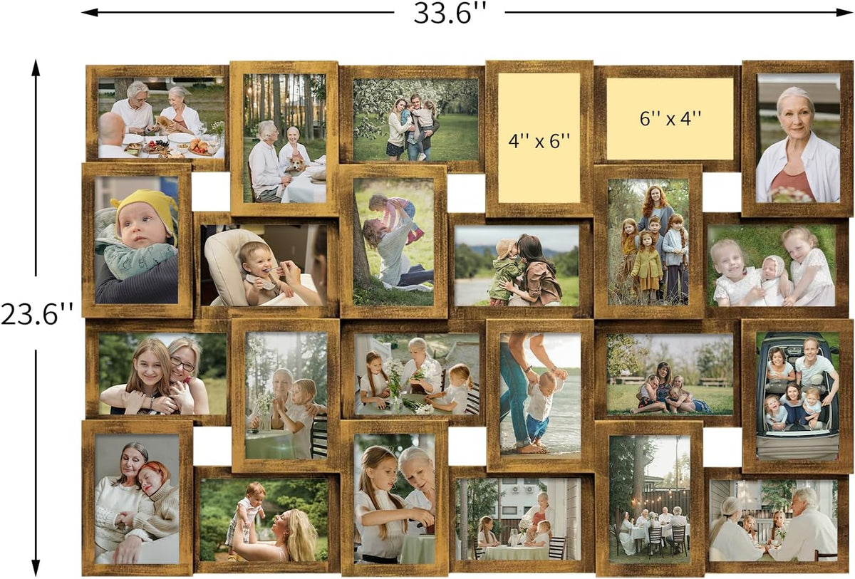 J.M.Deco Collage Picture Frames for Wall 24 Slots, Large Photo Frame Collage Wall Hanging for 4 x 6 Photo, Christmas Gift for Family or Friends - Retro Gold
