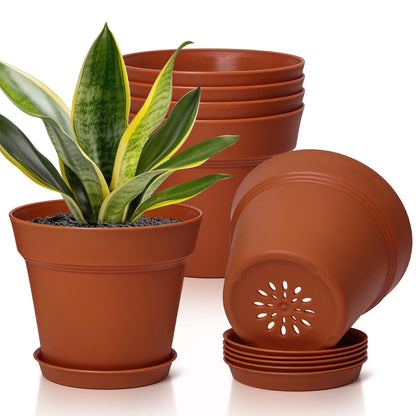 T4U Small Plant Pots 4 Inch 8 Pack, Plastic Indoor Flower Pots Saucer White