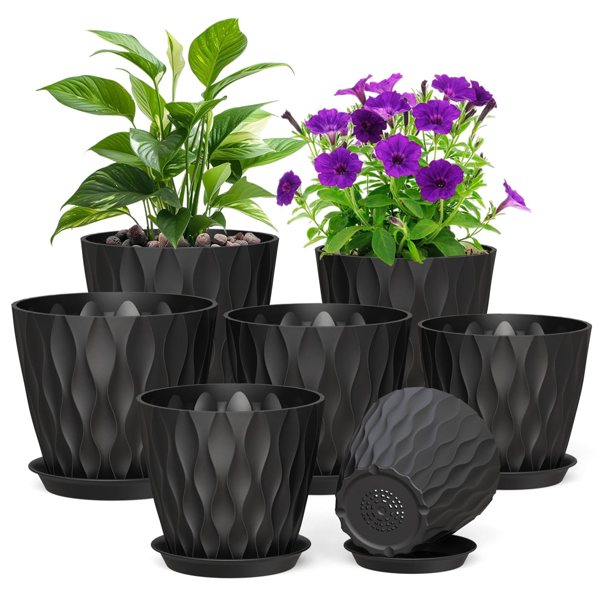 Meowell 4 inch Small Plastic Nursery Pots, 5 Pack Water Ripples Plant Pots for Indoor Plants, Flower Pots with Drainage Holes and Saucers, Seedling Starter Planters for Succulent Plants, White
