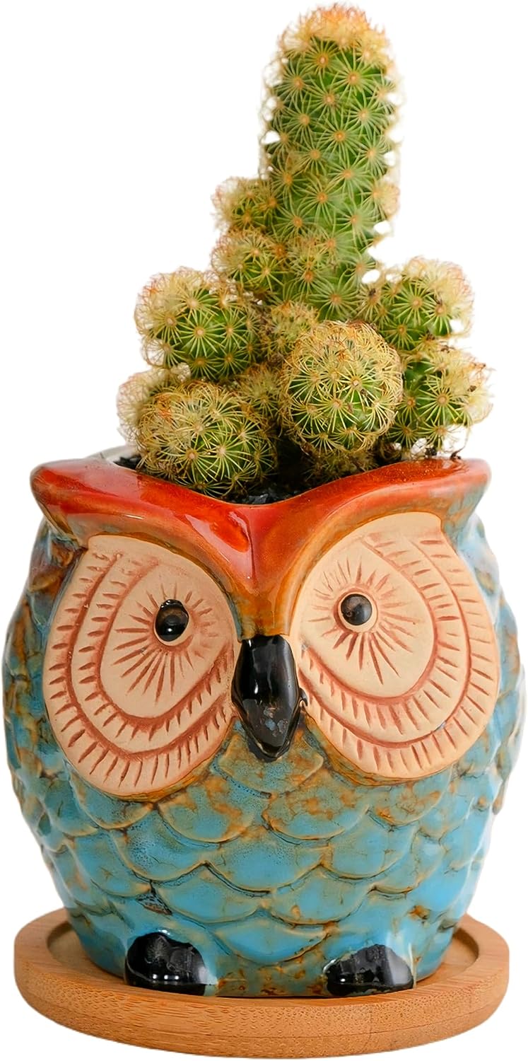 Mini 3.5 Inch Ceramic Owl Planter Pot with Drainage Hole & Bamboo Tray – Small Hand-Painted Animal Flower Pot for Succulent, Cactus, Desktop Decor, Plant Lovers Gift (No Plants/Soil)，Blue