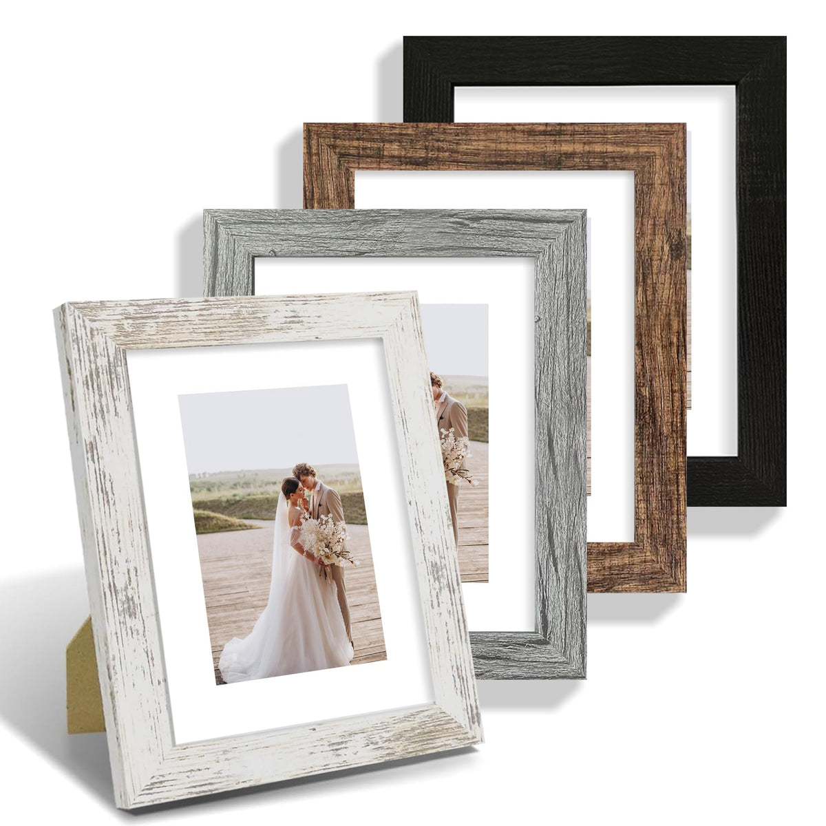 Hongkee 8x10 Picture Frame Set of 4, Real Glass and Wood Frame, 5x7 Mat