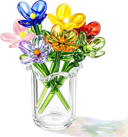8 Pcs Mini Glass Flowers with Vase Set Small Crystal Bouquet