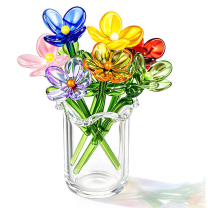 8 Pcs Mini Glass Flowers with Vase Set Small Crystal Bouquet