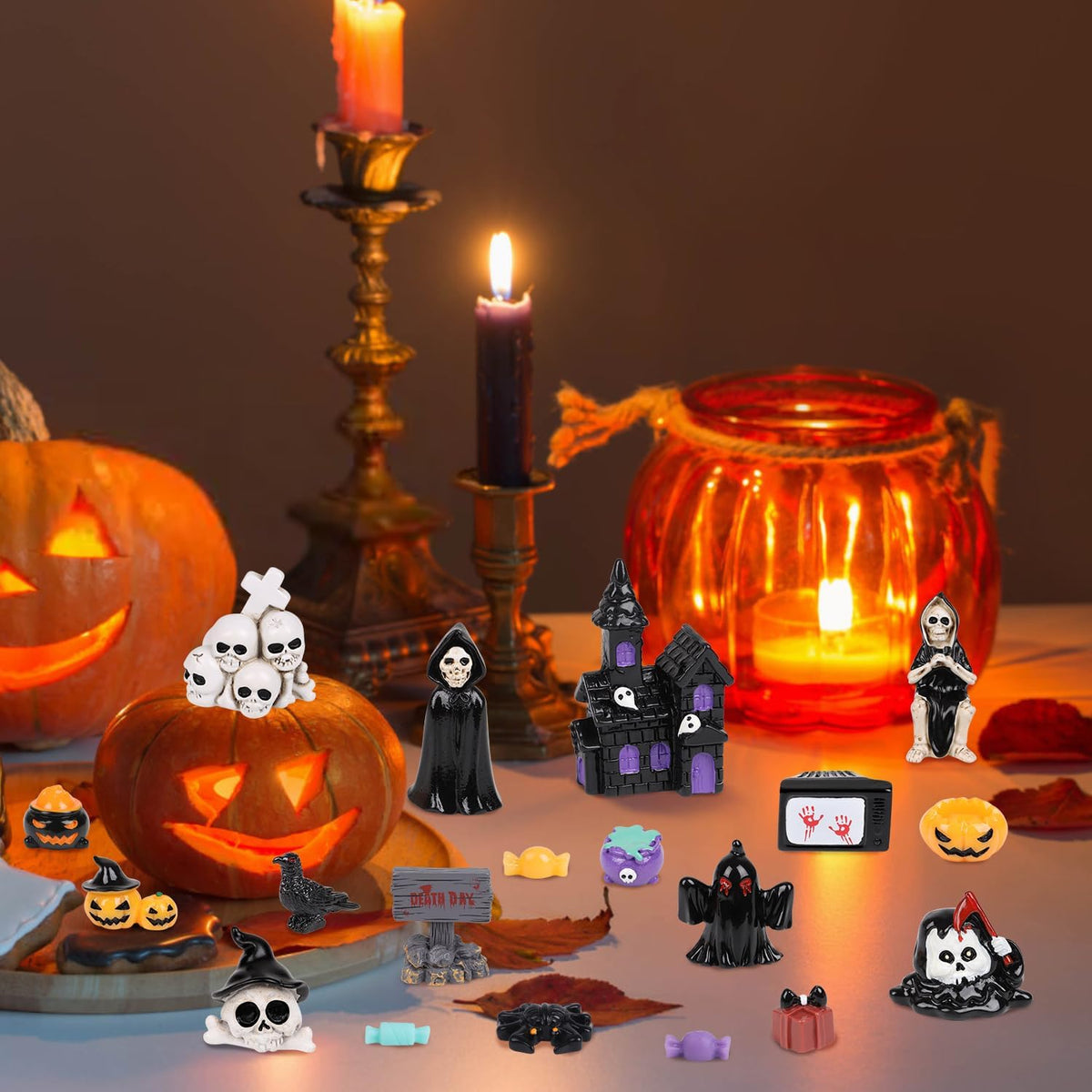 CCINEE 48pcs Halloween Mini Resin Figurines for Crafts, Miniature Skull Ghost Pumpkin Figures to Hide Tiny Village Collections Bulk for Holiday Party Favor Table Indoor Garden Dollhouse Decorations