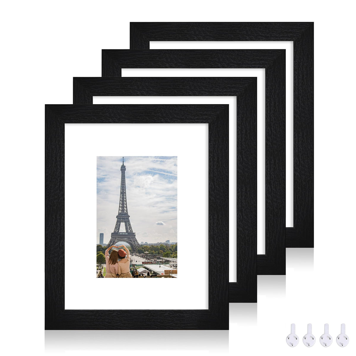 Hongkee 8x10 Picture Frame Set of 4, Real Glass and Wood Frame, 5x7 Mat