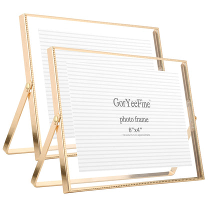 Gold 8x10'' Floating Frame Set of 2,For Photo Sizes( 5x7'',6x8'',7x9''),Beautiful Metal Beaded Edge Frames Adjustable Tabletop/Shelf Photo Frame,Classy Gift Choice for Wedding