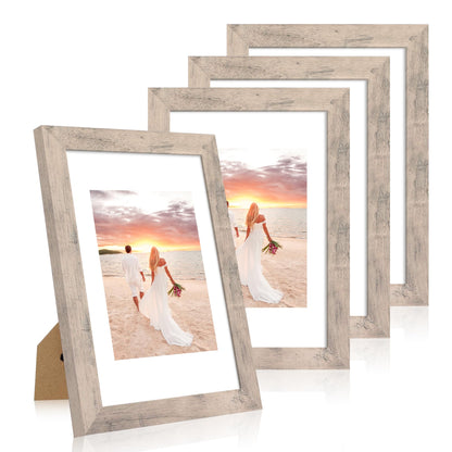 iRahmen 8x10 Picture Frame Set of 4, High Definition Real Glass Rustic Brown Frame, 8 x 10 Wood Photo Frames for Desktop Display and Wall Mounting
