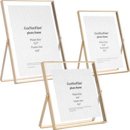 Gold 8x10'' Floating Frame Set of 2,For Photo Sizes( 5x7'',6x8'',7x9''),Beautiful Metal Beaded Edge Frames Adjustable Tabletop/Shelf Photo Frame,Classy Gift Choice for Wedding