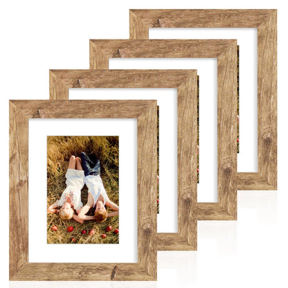 iRahmen 8x10 Picture Frame Set of 4, High Definition Real Glass Rustic Brown Frame, 8 x 10 Wood Photo Frames for Desktop Display and Wall Mounting