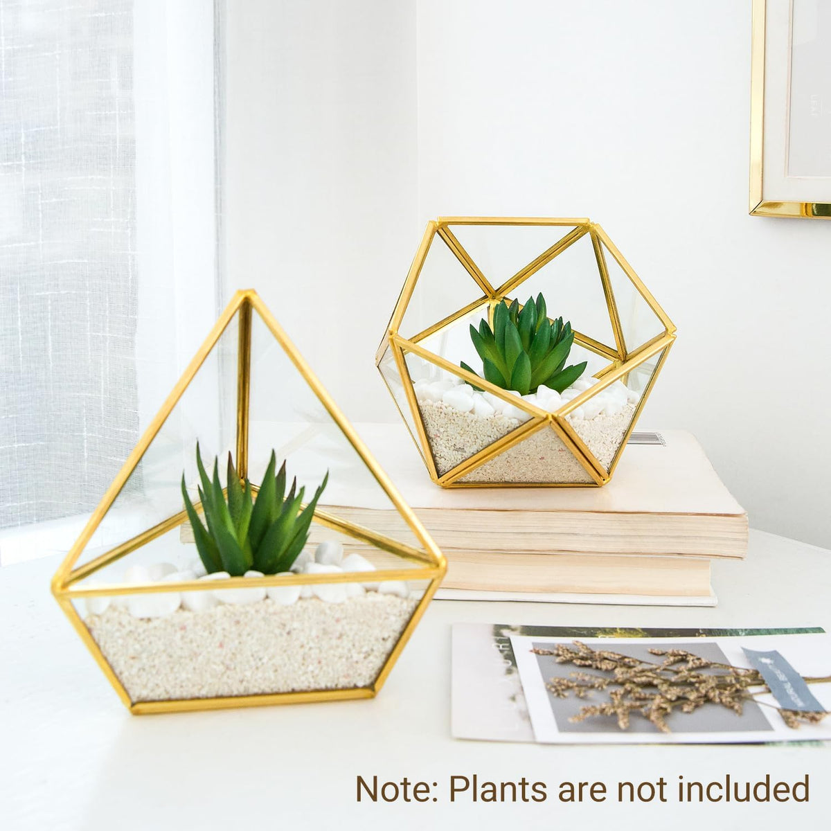 Mkono 3 Pack Geometric Glass Terrarium, 4" Gold Air Plant Holder Tabletop