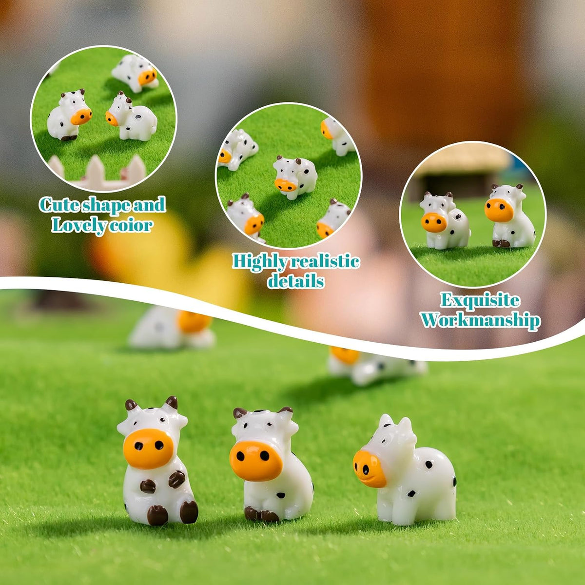 50 Pcs Mini Resin Cow Figurine Bulk Mini Cow Figurine Cake Decorations Cute Miniature Resin Sculpture Ornament Micro Landscape Office Garden Desk Party Tabletop Decor